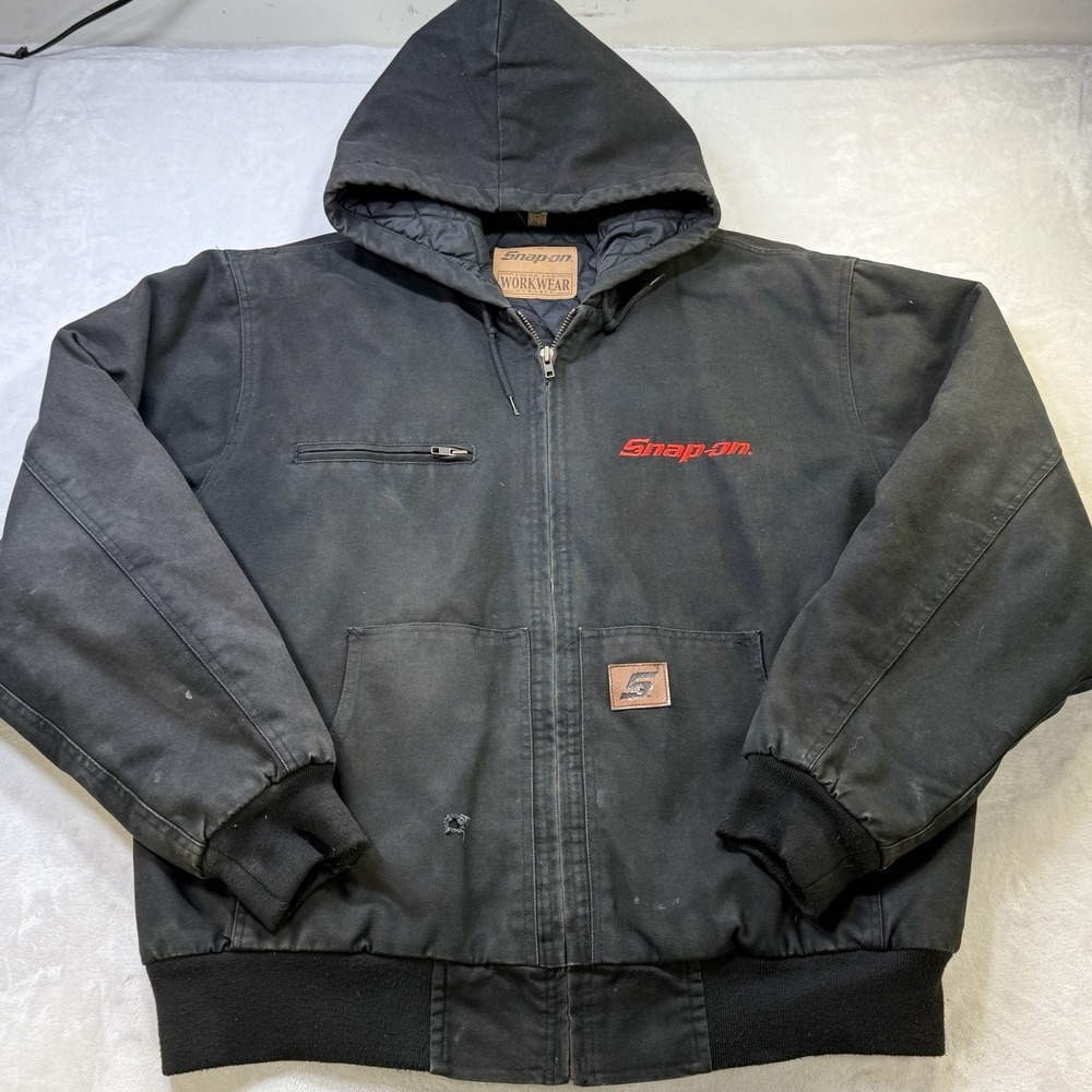 Snap-on Work Jacket Mens XL Black Hooded Quilted Canvas Workwear Lined Insulated